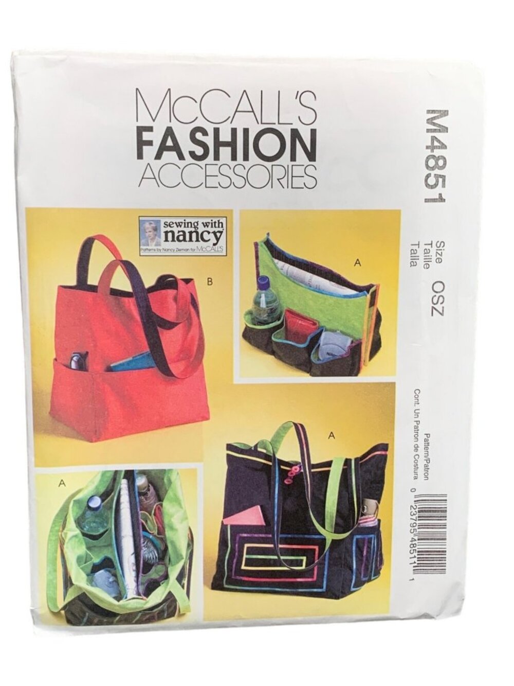 McCalls Fashion Accessories M4851 Sewing Pattern Tote Bags Pockets Uncut 2005